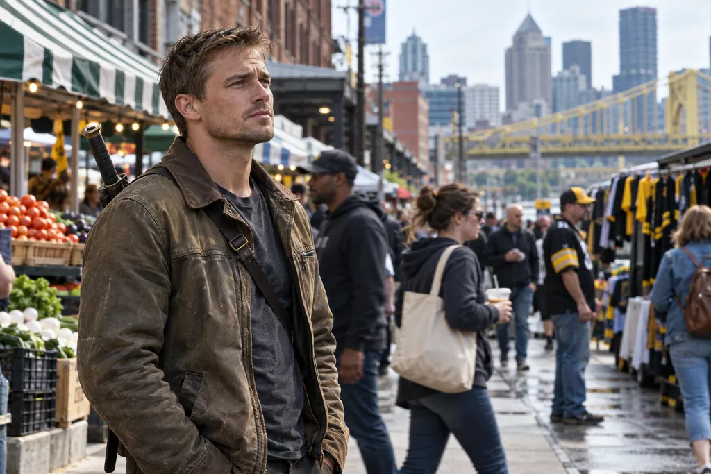 Adam stands still on a busy Strip District sidewalk at noon, sword across his back, looking at something in the air in front of him that nobody else can see. Produce stalls, a jersey stand and shoppers pass around him.